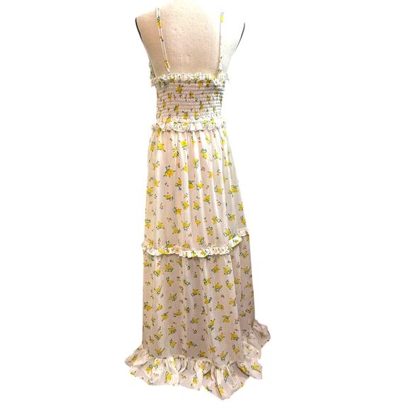 Betsey Johnson Maxi Dress Yellow Floral Smocked Size 6 White Ruffle Tiered - Picture 4 of 9